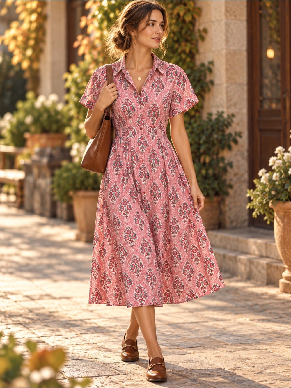 NWT 100% Cotton Red White Block Print Midi Shirtdress L